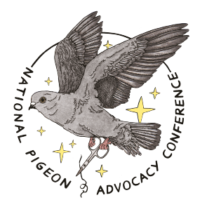 Logo for the National Pigeon Advocacy Conference featuring a flying pigeon  carrying sewing scissors.